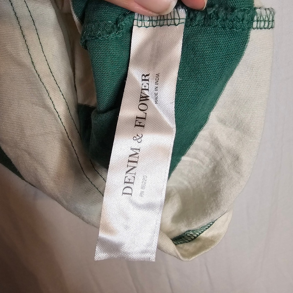 Denim & Flower Ricky Singh Medium Green Cream Striped Floral Embroidered T-Shirt - Picture 7 of 10